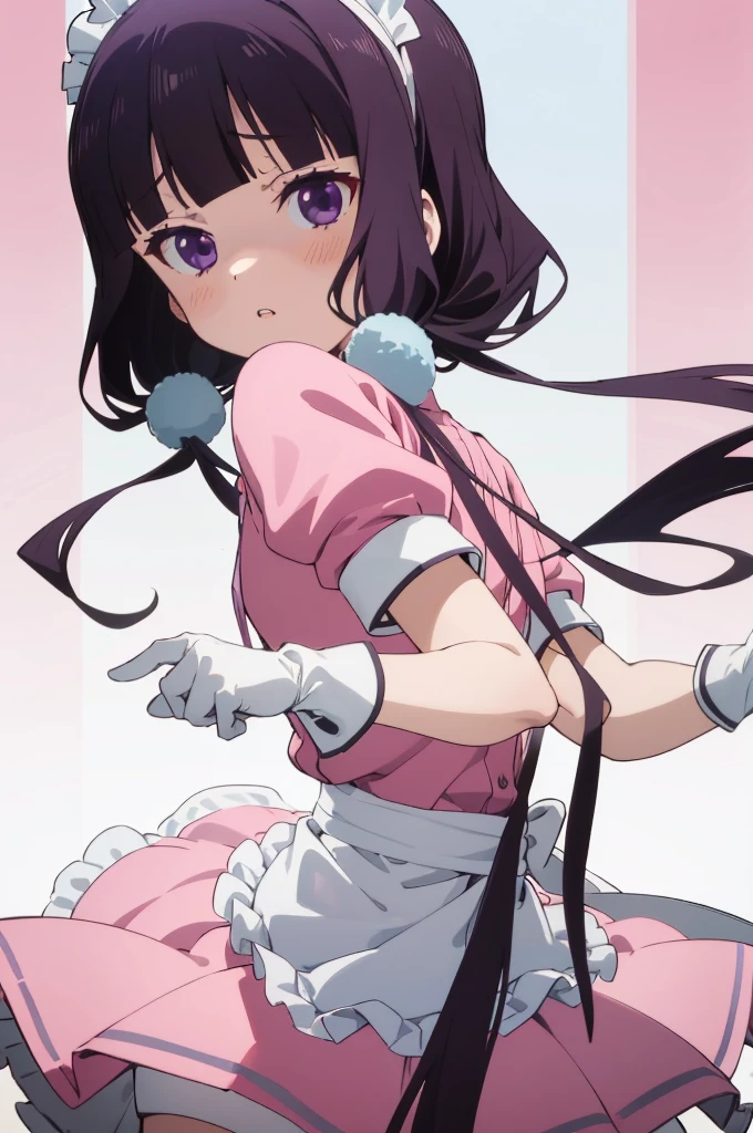 (((picture perfect))), (absurdres), 1girl, solo, maika sakuranomiya, maid, maid headdress, waist apron, (pink shirt, pink skirt:1.2), short sleeves, white gloves, looking at viewer, shaded face, disgusted, parted lips, cafe