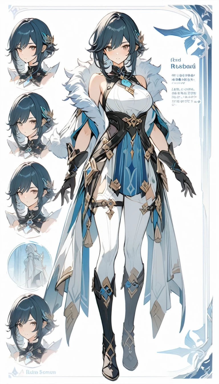 ((masterpiece)), ((best quality)), ((high resolution)), full body, standing, white backgroun, fantasy, genshin clothes, genshin outfit, fantasy theme, large breast, fur mantle, bare shoulders, character sheet, standing,