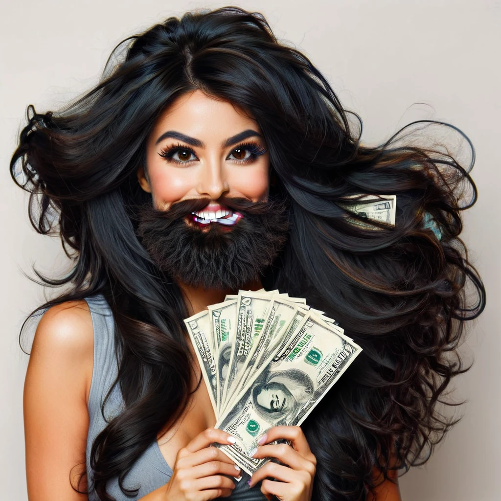 bearded woman beautiful shaggy beard, black hair, brown eyes, eyeliner, proud smile, seductive look, hold a load of dollar bills