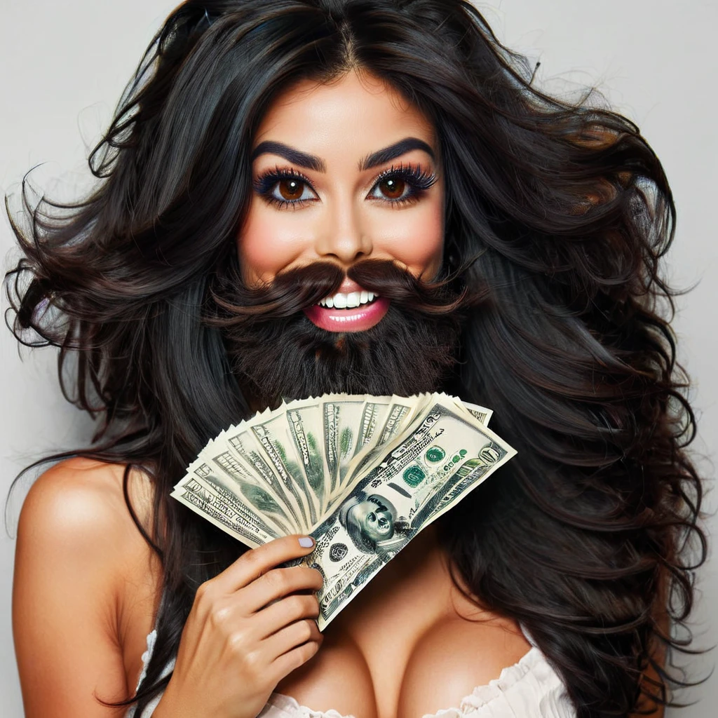 bearded woman beautiful shaggy beard, black hair, brown eyes, eyeliner, proud smile, seductive look, hold a load of dollar bills