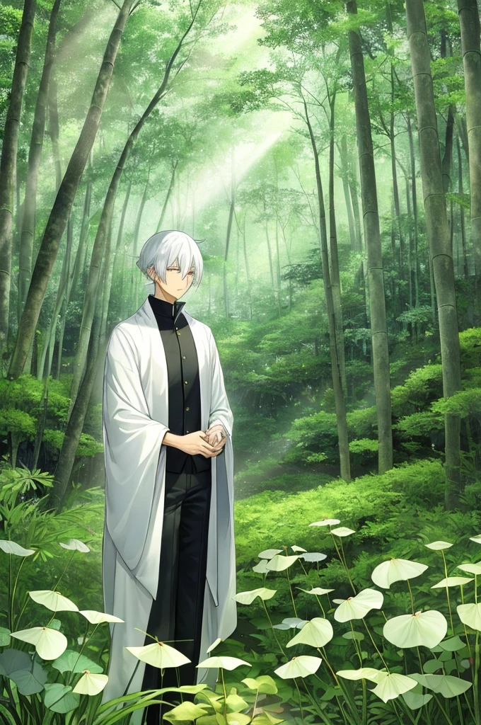 Ginko from "Mushishi" standing in a lush, mysterious forest filled with ethereal light and ancient trees. He is wearing his signature white cloak over a black shirt and pants, with a satchel slung over his shoulder and a bamboo hat hanging from his back. His silver hair contrasts with the natural surroundings, and he has a calm, thoughtful expression as he observes the mystical mushi around him. The background features a serene forest with soft, glowing lights and otherworldly plants, capturing the tranquil yet enigmatic atmosphere of the Mushishi world.