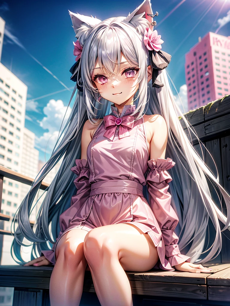 Silver hair, pink eyes, body, cat ears, sexy girl, earrings, flower sky background, pink uniform, hair bows, sit down, happy face