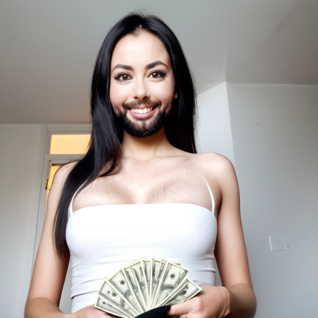 bearded woman beautiful shaggy beard, black hair, brown eyes, eyeliner, proud smile, seductive look, hold a load of dollar bills