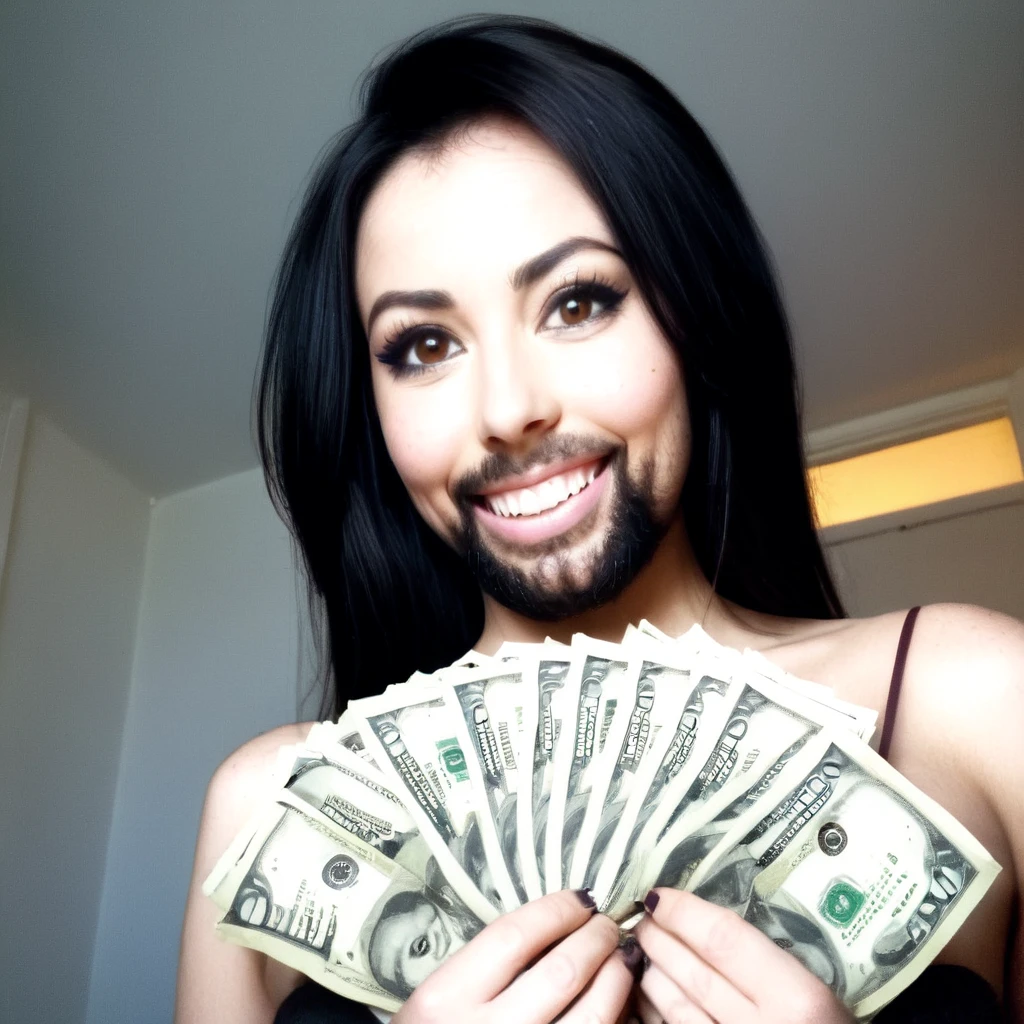 bearded woman beautiful shaggy beard, black hair, brown eyes, eyeliner, proud smile, seductive look, hold a load of dollar bills