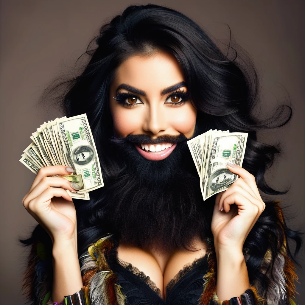 bearded woman beautiful shaggy beard, black hair, brown eyes, eyeliner, proud smile, seductive look, hold a load of dollar bills