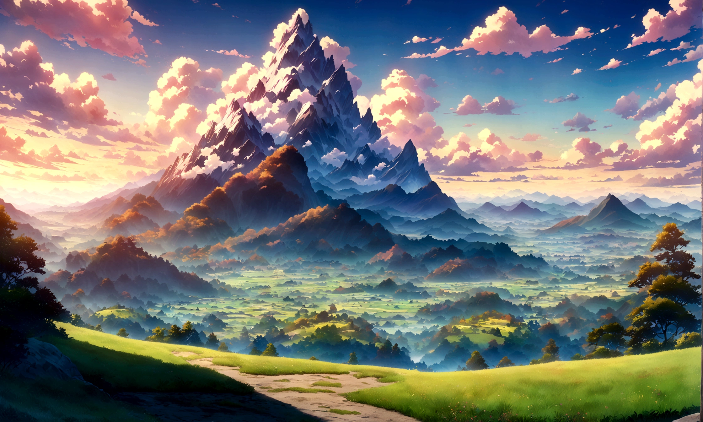 
japanese anime - style painting of a beautiful day grassy field with towering mountains , blue cloudy sky,anime countryside landscape, anime landscape, anime landscape wallpaper, anime background art, beautiful anime scenery, anime background, anime beautiful peace scene, anime scenery, anime movie background, anime nature, anime scenery concept art, colorful anime movie background, beautiful anime scene, anime scene, beautiful landscape background,anime art wallpaper 8 K beautiful anime scene,anime,4 K highly detailed digital art