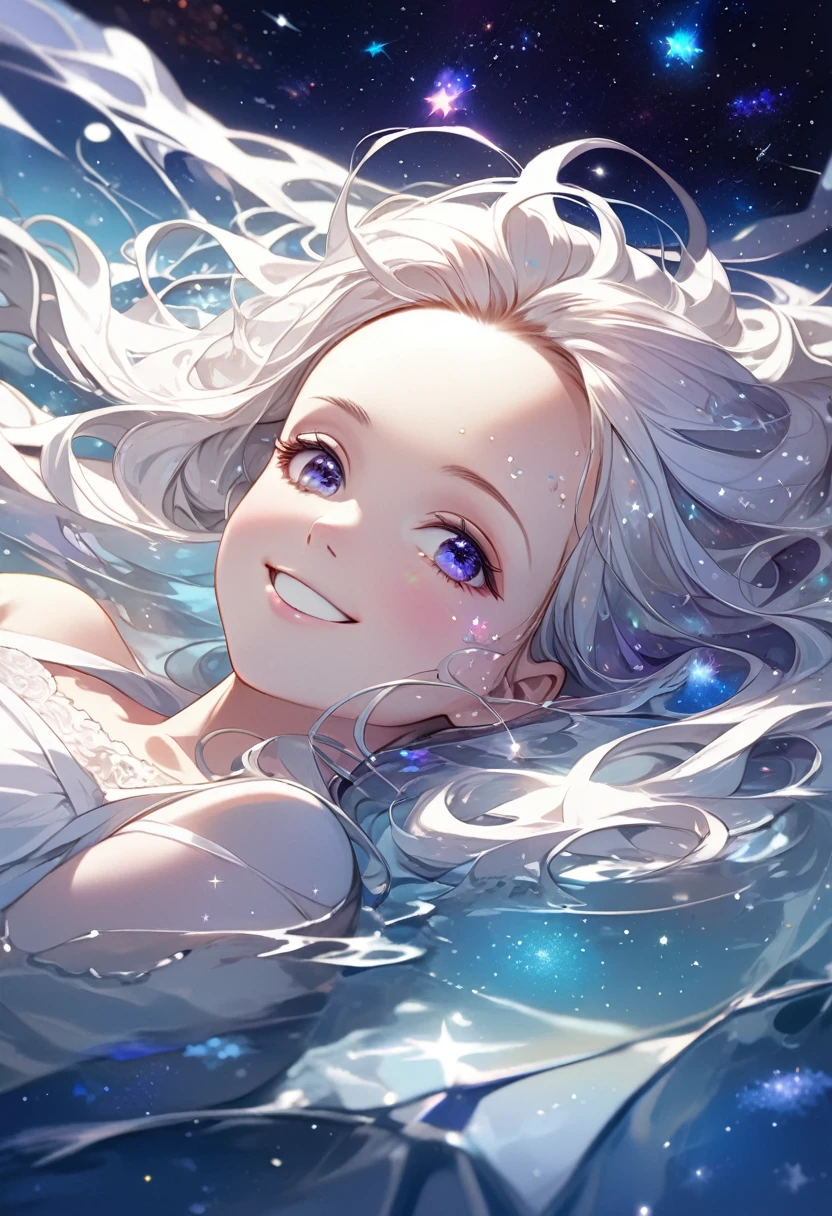 ((ultra detailed face)),Describe a scene in which a beautiful woman character is lying on a water, Look up at the starry sky. Surround her with colorful nebulae and her favorite constellations.(((big smiling))).((forehead)),milky white theme