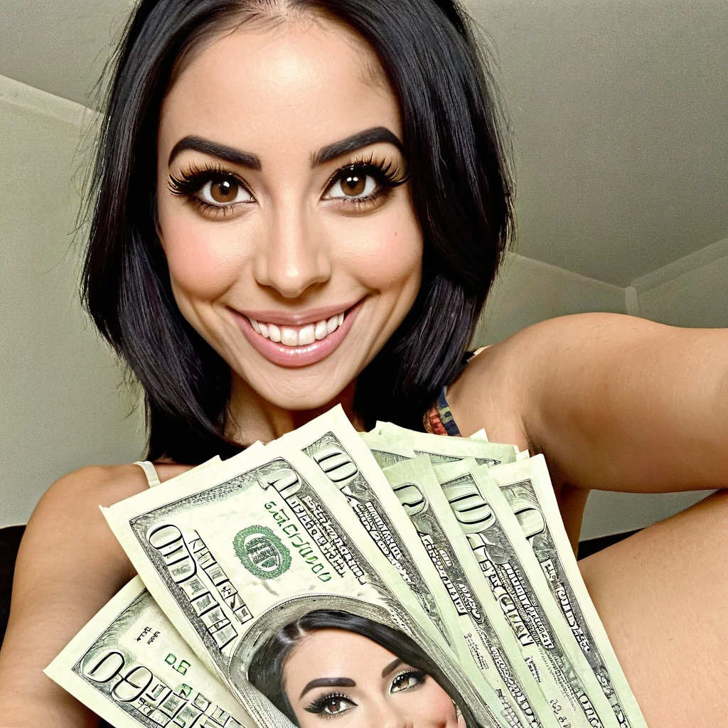 bearded woman beautiful shaggy beard, black hair, brown eyes, eyeliner, proud smile, seductive look, hold a load of dollar bills