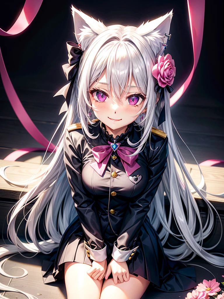 Silver hair, pink eyes, body, cat ears, sexy girl, earrings, light heart flower background, uniform, hair bows, sit down, happy face