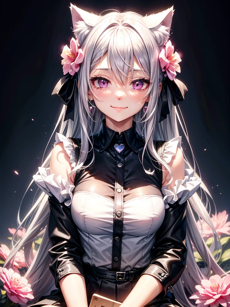 Silver hair, pink eyes, body, cat ears, sexy girl, earrings, light heart flower background, uniform, hair bows, sit down, happy face
