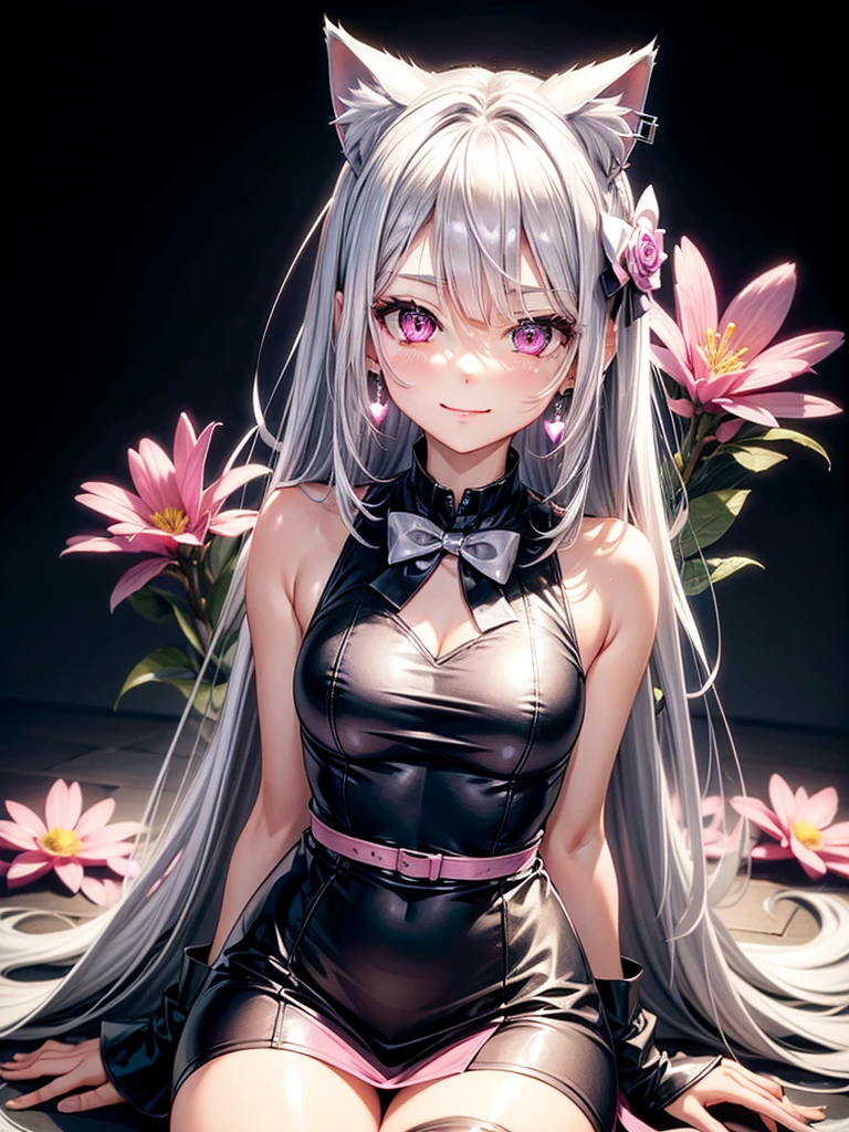 Silver hair, pink eyes, body, cat ears, sexy girl, earrings, light heart flower background, uniform, hair bows, sit down, happy face