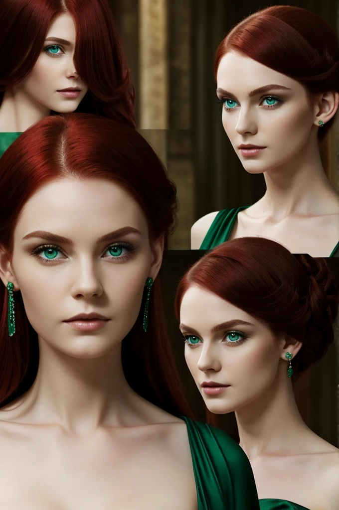 a woman, who has eyes of regret, she has an elegant dress, his skin is pale, He has emerald green eyes and deep red hair., pointy ears