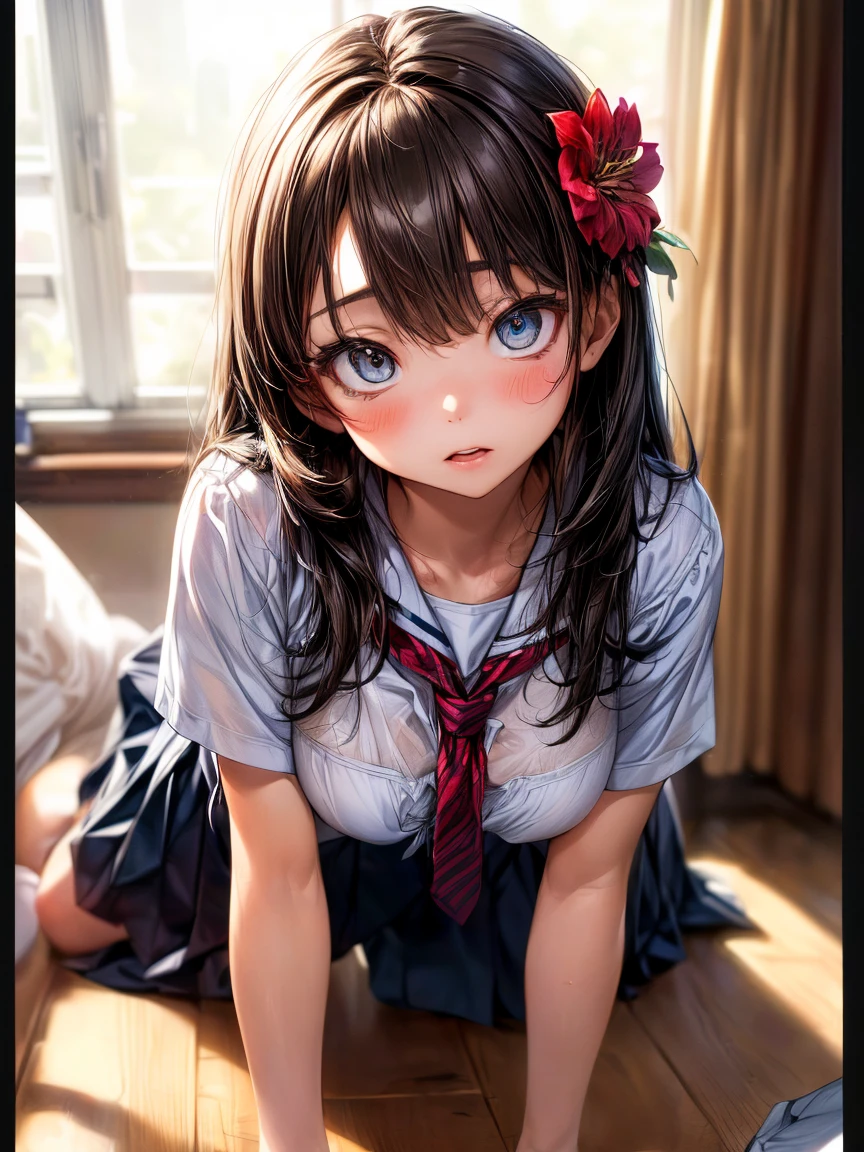 (High School Uniform:1.5)、(Spread your legs)、(Rich color expression)、(Big Breasts)、8K resolution、 masterpiece、((Highest quality))、Anatomically correct、The girl is alone、(I narrowed my eyes a little.:2)、(Flower Hair Ornaments)、(tie)、(ribbon)、((Hasselblad Photos))、[:(Detailed face:1.2):0.2]、(Get on all fours)、