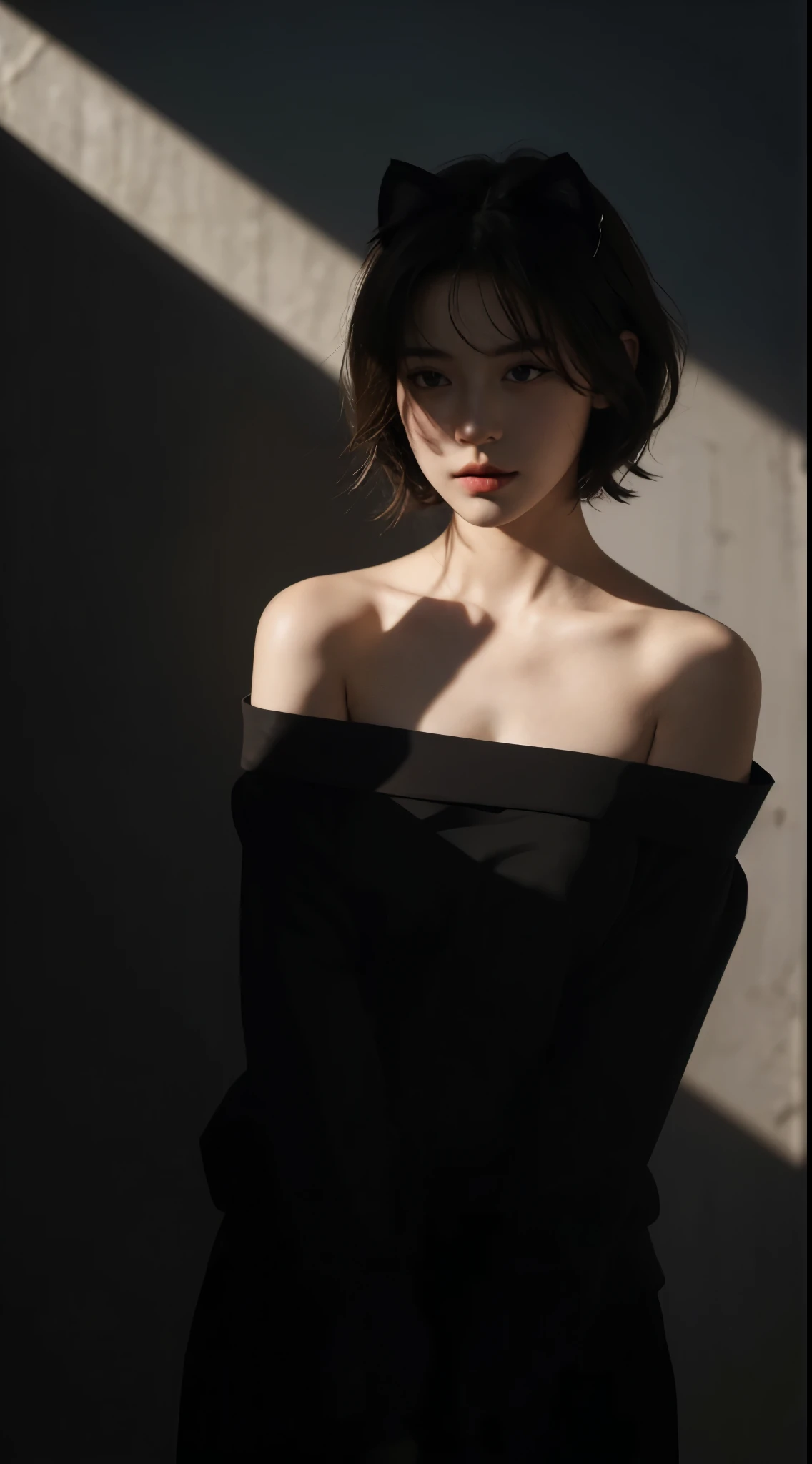 best quality, masterpiece, Ultra-high resolution, (Reality:1.5), RAW photos, 1 Girl, Off-shoulder, in the darkness, Deep Shadows, Low profile, Cold Light, Sexy look, short hair,Cat ears,