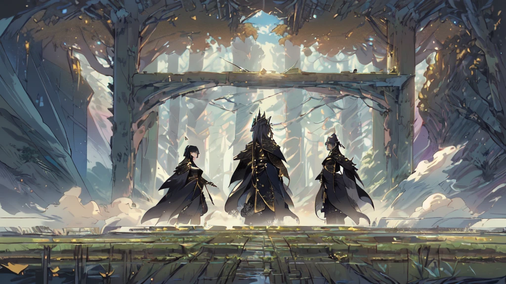 (Numerous award-winning masterpieces, with incredible details), Ultra HD, 8K, (A majestic sight), (1girl standing in), (epic mmorpg black lace outfit: 1.5), (long black cape decorated with lace and gold: 1.5), fantasy deep background, dynamic pose, looking afar, extreamly detailed robe