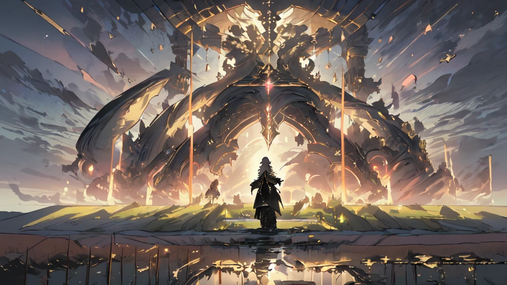(Numerous award-winning masterpieces, with incredible details), Ultra HD, 8K, (A majestic sight), (1girl standing in), (epic mmorpg black lace outfit: 1.5), (long black cape decorated with lace and gold: 1.5), fantasy deep background, dynamic pose, looking afar, extreamly detailed robe