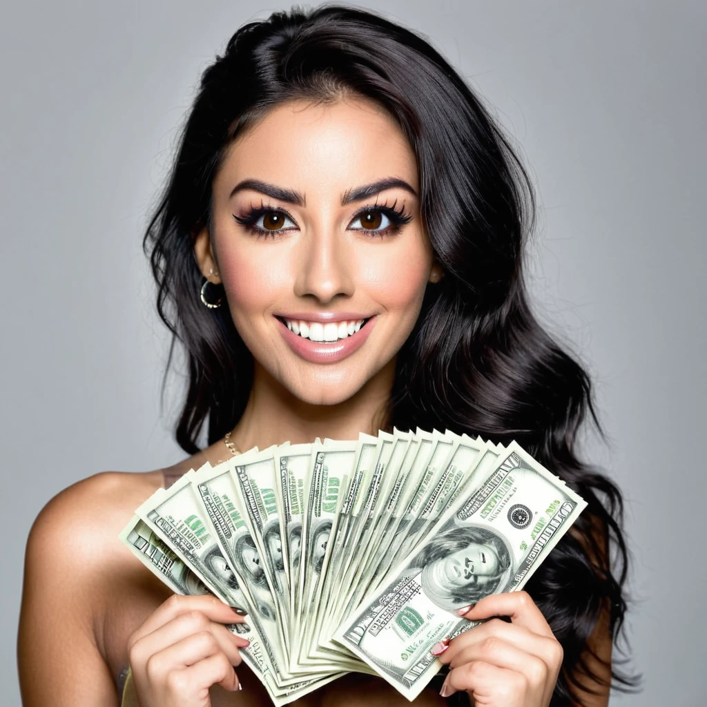 bearded woman beautiful shaggy beard, black hair, brown eyes, eyeliner, proud smile, seductive look, hold a load of dollar bills
