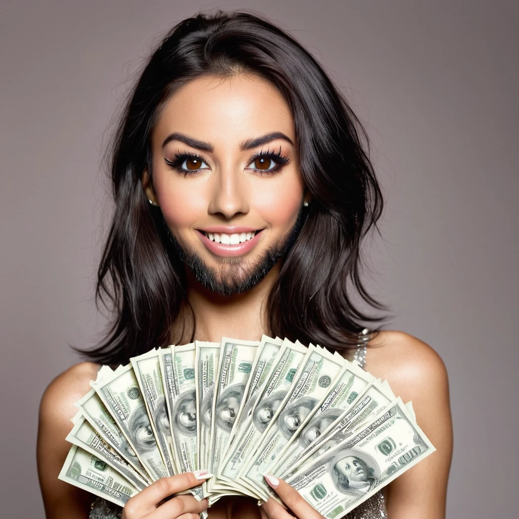 bearded woman beautiful shaggy beard, black hair, brown eyes, eyeliner, proud smile, seductive look, hold a load of dollar bills
