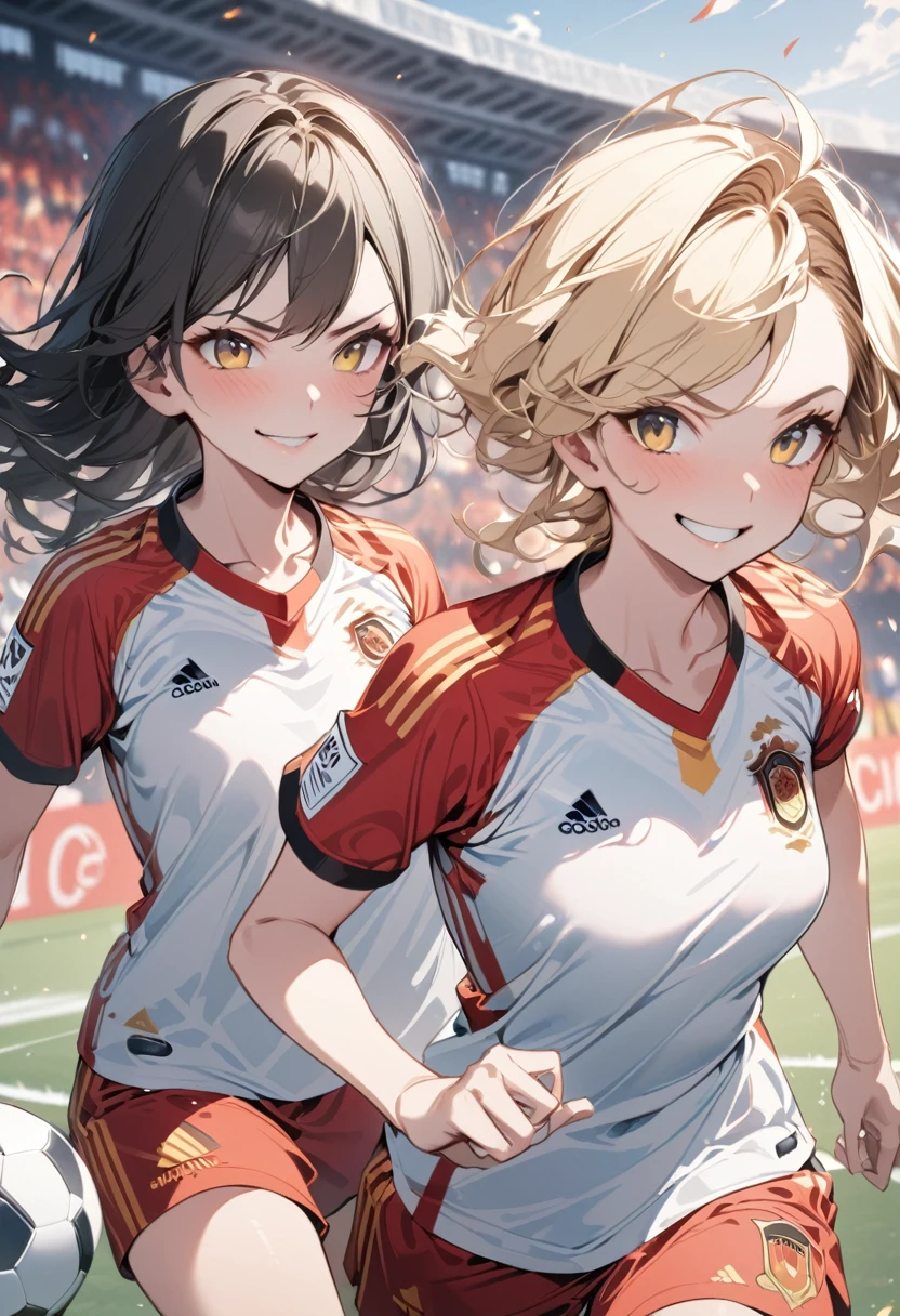 (award winning, 8k, super detailed, high resolution, best quality) , illustration about football, (two girls), girl on the left with blonde hair in ((spain soccer uniform)) and smirk expression, girl on the right with black hair in ((germany soccer uniform)) and (timid expression), (running side by side), ((beautiful girls)), football stadium, competitive spirit atmosphere.