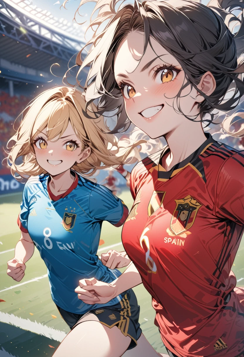 (award winning, 8k, super detailed, high resolution, best quality) , illustration about football, (two girls), girl on the left with blonde hair in ((spain soccer uniform)) and smirk expression, girl on the right with black hair in ((germany soccer uniform)) and (timid expression), (running side by side), ((beautiful girls)), football stadium, competitive spirit atmosphere.