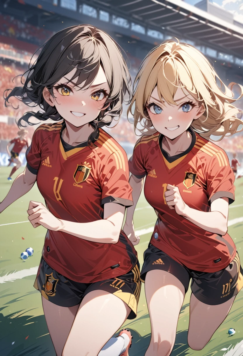 (award winning, 8k, super detailed, high resolution, best quality) , illustration about football, (two girls), girl on the left with blonde hair in ((spain soccer uniform)) and smirk expression, girl on the right with black hair in ((germany soccer uniform)) and (timid expression), (running side by side), ((beautiful girls)), football stadium, competitive spirit atmosphere.
