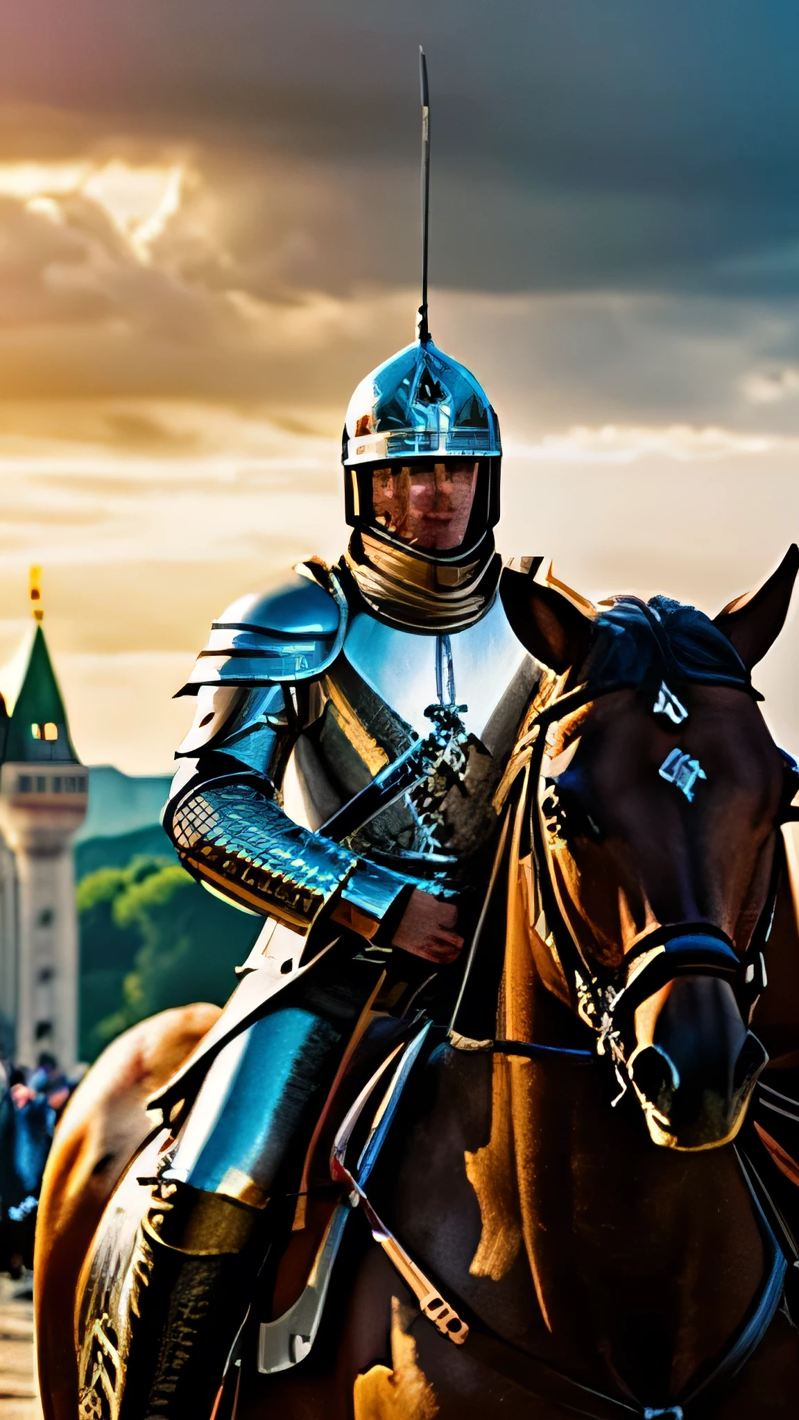 super fine illustration, top quality, German hero, inspired by history, Teutonic knight armor, detailed attire, holding long sword, dynamic pose, vibrant colors, background of historical landmarks, Brandenburg Gate, Neuschwanstein Castle, dramatic lighting, regal atmosphere, intricate details, realistic style, heroic presence, symbols of valor, historical elements, powerful imagery, rich heritage
