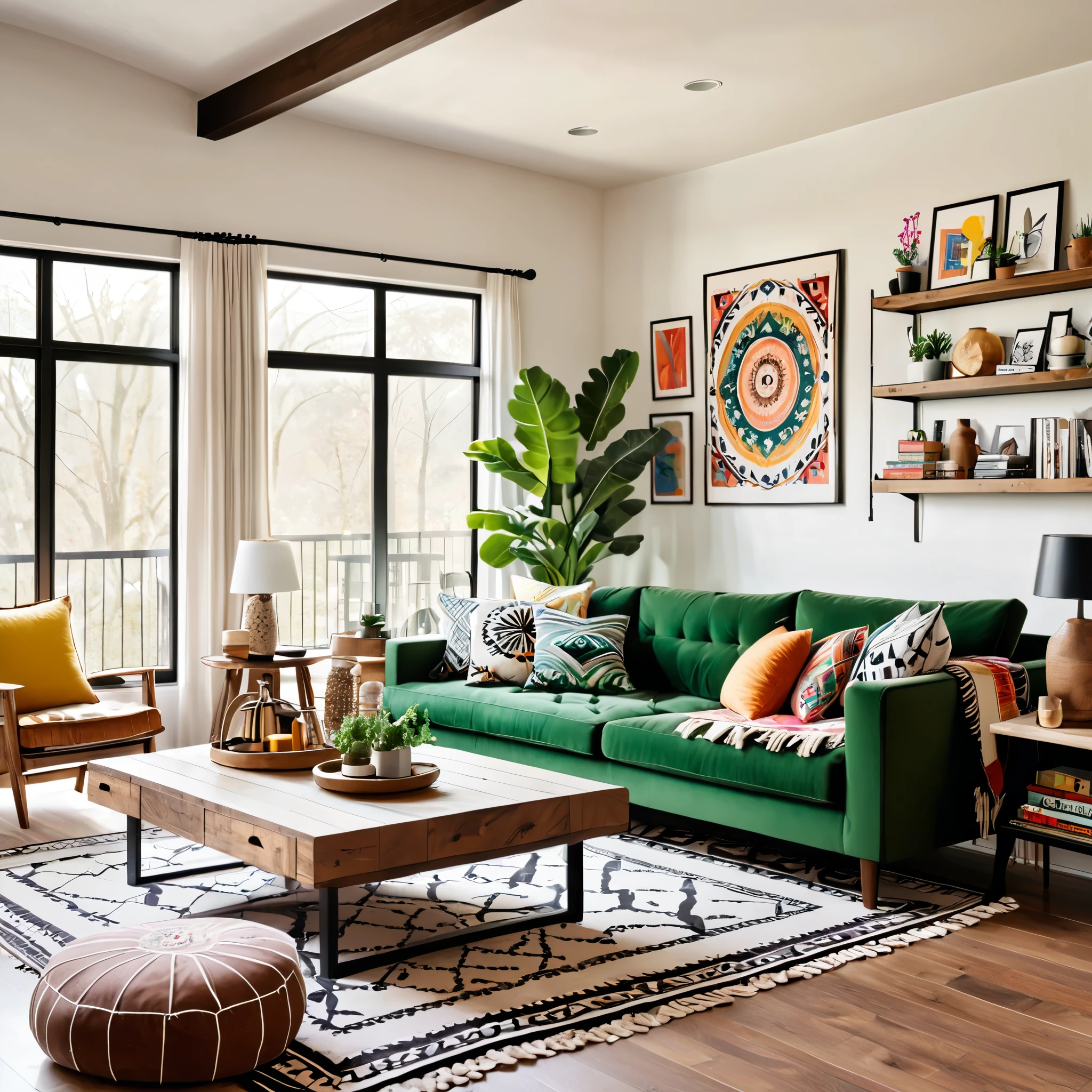 Design a bright and cozy living room featuring a mix of modern and eclectic decor. The room includes a green sofa with colorful throw pillows, a wooden coffee table, and a black and white patterned rug. The walls are adorned with various wall hangings and decorations, including a large tapestry and dreamcatchers. The space is well-lit with natural light coming through large windows, creating a warm and inviting atmosphere. Add a few small decorative items on the coffee table and shelves to enhance the cozy feel.