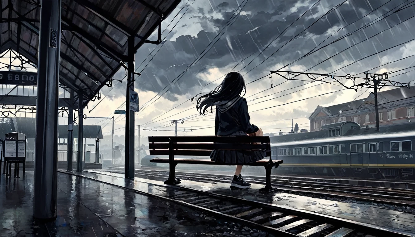 Ultra high definition photo. The sky is cloudy and full of dark clouds. It's dark like a place where it's going to rain. At an old train station, a girl sits lonely on her bench. Her hair is flying. The girl is wearing her pleated skirt and her bb sneakers. You can see the back of the train that has just passed. Close-up side shot of a girl
