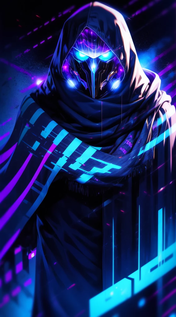 realistic,shiny,reflective,bioluminic, galactic cybernetic mask,mecha,(assassin:1.2),((((scarf,long cloak)))),sh4g0d,GlowingRunes_red,fullbody,cinemnatic,dark background,backlight,high contrast