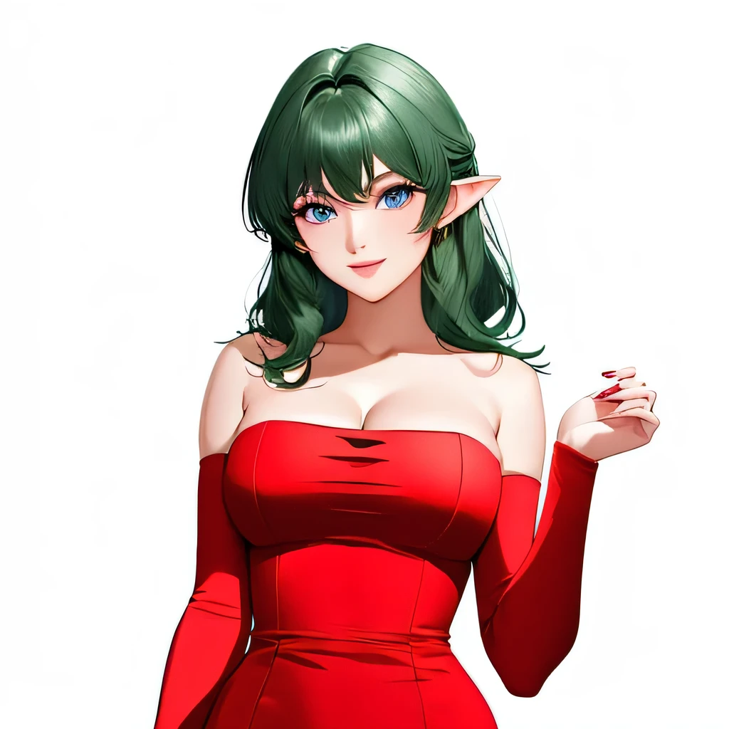 (masterpiece,best quality,Very delicate,Perfect Face,16k,high resolution,very beautiful girl),Medium short deep green hair:1.2, Red strapless bodycon tube dress ,Red long arm sleeves,Elf Girl,((large Breasts)),blue eyes,Beautiful smile,20 years old,hands on own breast