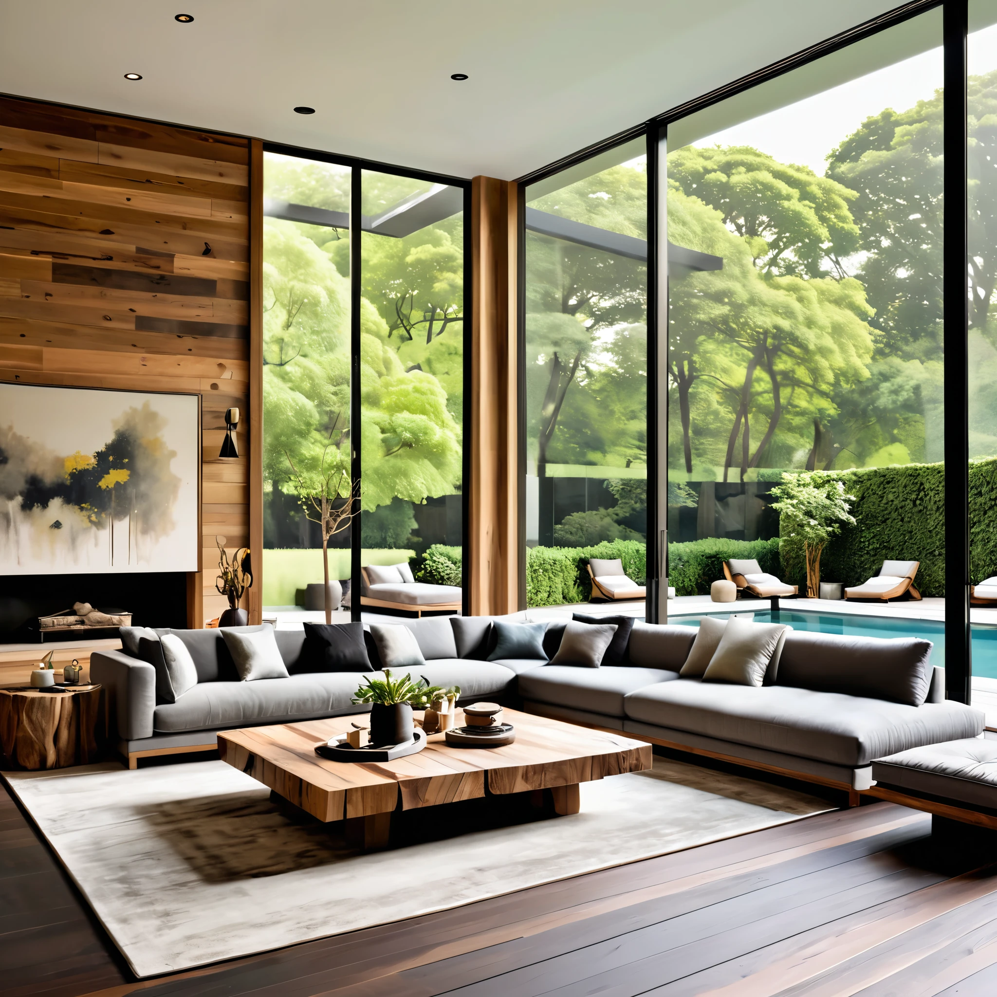Design a luxurious and modern living room with large floor-to-ceiling windows that offer a stunning view of an outdoor pool and garden. The room should feature a long, comfortable gray sofa adorned with various pillows, a unique wooden coffee table with a natural, rustic finish, and a sleek, dark rug. The walls should be decorated with minimalist artwork, and there should be a stylish blend of natural and contemporary elements throughout the space. Ensure ample natural light floods the room, creating a bright and inviting atmosphere.