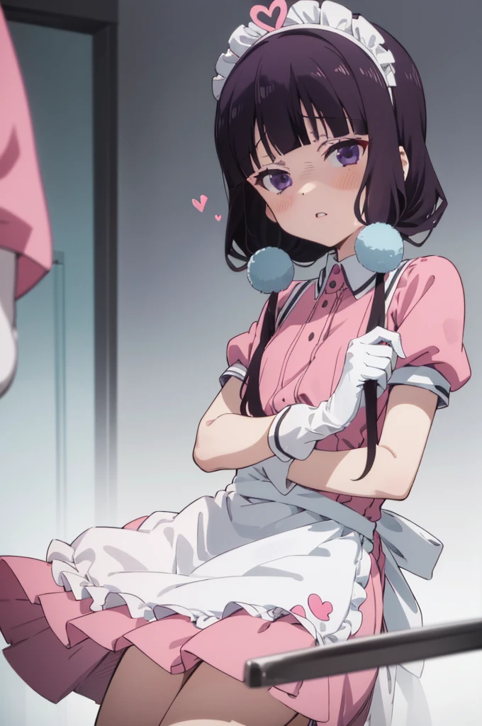 (((picture perfect))), (absurdres), 1girl, solo, maika sakuranomiya, maid, maid headdress, waist apron, (pink shirt, pink skirt:1.2), short sleeves, white gloves, looking at viewer, shaded face, disgusted, parted lips, cafe,,spoken heart,6yo,(petite),(nsfw)