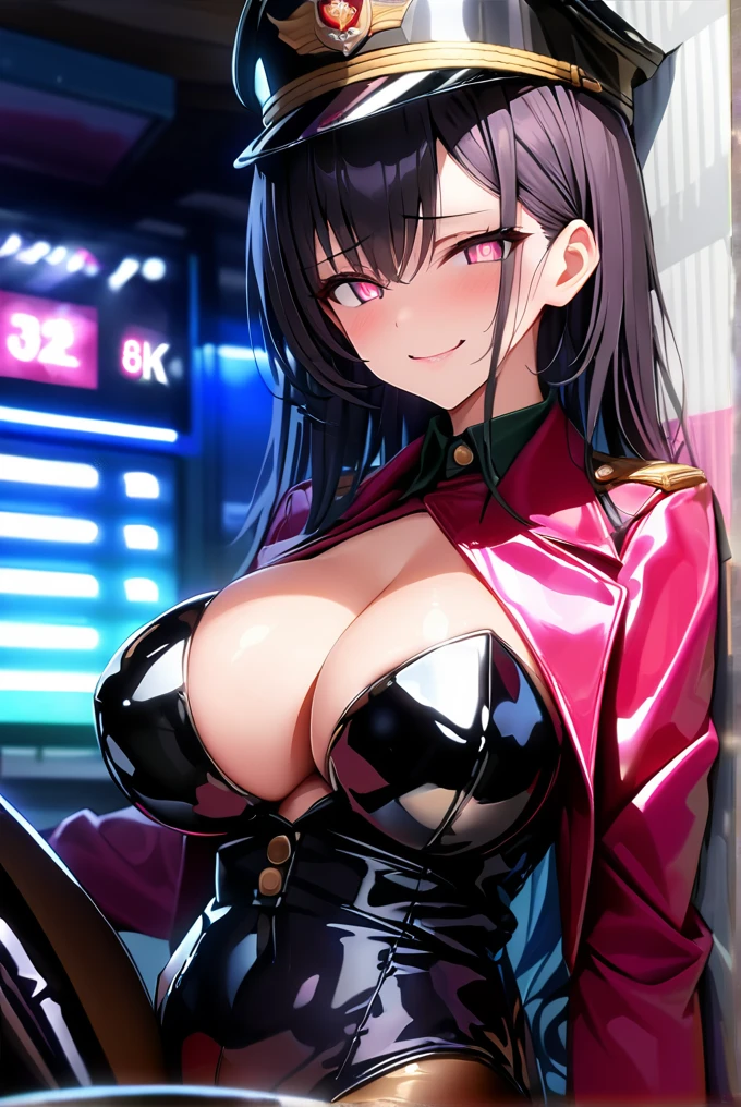 masterpiece, best quality, 1lady,black hair,long hair,glowing eyes, (finely detailed empty pupils and detailed face),,,,extremely detailed picture unity 8k wallpaper,solo,(latex military costume:0.9),large breasts,seductive smile,military hat,latex thighhigh,large breasts,black hair,pink eyes,black leotard,pantyhose,military coat,enamel suits,grossy lips,sitting,bust shot,sadistic smile,detailed,