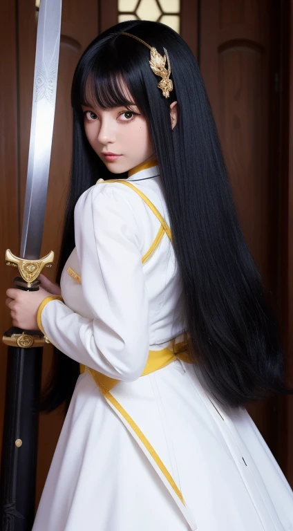 Black anime girl with long white hair dressed in white, Yellow Eyes, With sword, Shocking Genshin style