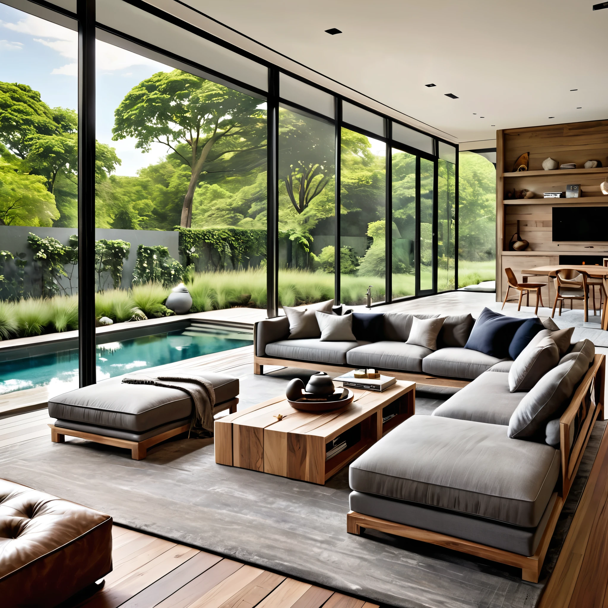 Design a luxurious and modern living room with large floor-to-ceiling windows that offer a stunning view of an outdoor pool and garden. The room should feature a long, comfortable gray sofa adorned with various pillows, a unique wooden coffee table with a natural, rustic finish, and a sleek, dark rug. The walls should be decorated with minimalist artwork, and there should be a stylish blend of natural and contemporary elements throughout the space. Ensure ample natural light floods the room, creating a bright and inviting atmosphere.