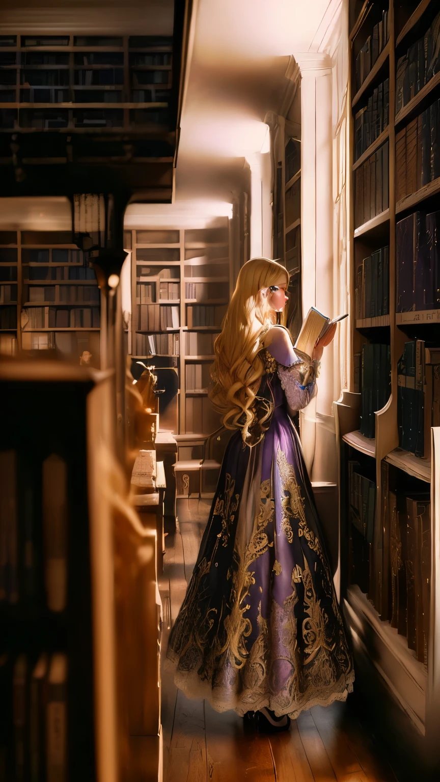 (((blonde hair))), blonde, princess in purple dress, is in the library, With a book in his hands, soft light, beautiful digital images, beautifully lit, fabulous gorgeous lighting, by candlelight, Magali Villeneuve, realistic fantasy painting, beautiful fantasy art, Romantic light, window at night, beautiful works of art, next to the window, beautiful fantasy art portrait, night, Moonlight, (((night))), view from the back