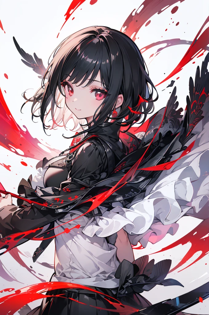(masterpiece, Highest quality, Highest quality, (No text), beautifully、aesthetic:1.2),No text,anime、 High resolution break,One Girl,Short black hair Beautiful Eyes Red eyes beautiful girl nice smile Black coat mini skirt whole body Night view Detailed eyes and face