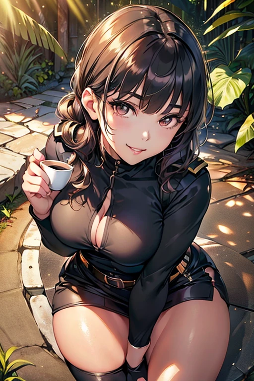 highest quality、(real、photorealistic:1.4)、(RAW photo:1.2,(Curve,Model,glamor:1.5),Beautiful breasts,(from above:1.2),(from side:0.9), ((Face)), (Close-Up:0.4), ((looking at viewer, holding a cup of coffee)), highest quality、(real、photorealistic:1.4)、(RAW photo:1.2),highest quality,(masterpiece),(((Whole body image))),(a 18yo girl), (Highly detailed face),Slightly round face, (Tan brown face:1.0), Boyish beauties, beautiful face, Beautiful lips,Baby Face,(Big eyes),((black,hair,long pony tail hair)),thin pubic hair,cute,lovely,(strong silver hair:1.2),(blunt bangs),(Brown skin:1.0),(Military uniform, bulletproof jacket),nice companion,delicate body、thin legs,beautiful black dress,black gloves, black thighhighs, white panties,(double breasted,under bust:1.2)in the kitchen Woman in survival mode,Tropical forests,During a break,sit cross-legged on the ground,The way the light shines is beautiful, Beautiful buttocks,(with sparkling eyes and a contagious smile),black suspenders,Black miniskirt,holster,Beautuful Women,hands up,leg holster,Gaze,black boots panty shot, provocation,flank,flank sweat soio,arm,,narrow waist,(with sparkling eyes and a contagious smile),her thin pubic hair, looking at viewer, pose muy sexy"