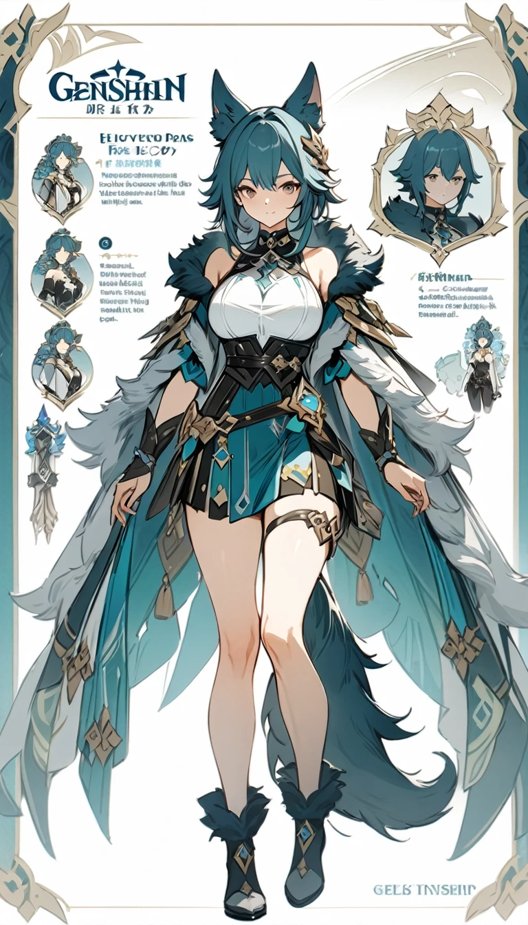 ((masterpiece)), ((best quality)), ((high resolution)), full body, standing, white backgroun, fantasy, genshin clothes, genshin outfit, fantasy theme, large breast, fur mantle, bare shoulders, character sheet, standing, wolf tail, wolf ears, 