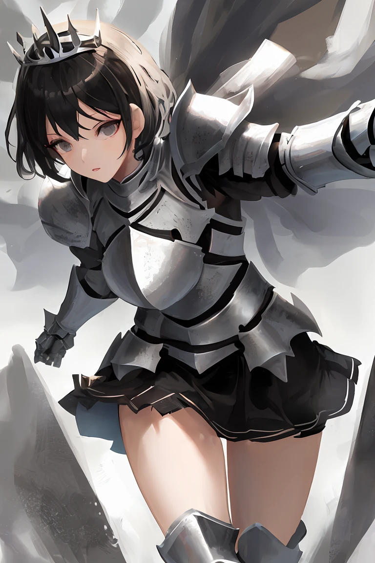 female knight　Black Hair　armor　Torn white skirt　No underwear　torn white tights　battlefield　Leaking pee　heavy rain