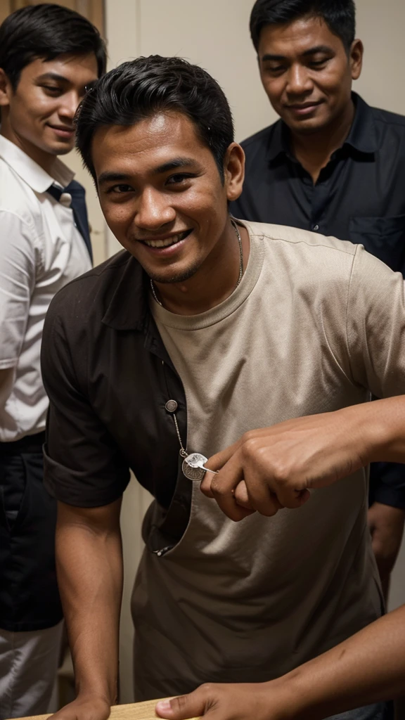 Menerjemahkan teks dengan kamera
A photo of a young man providing assistance to his elders at a social event, with a warm smile and patience in dealing with their various needs, shows appreciation and respect for his elders.