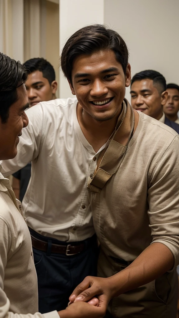 Menerjemahkan teks dengan kamera
A photo of a young man providing assistance to his elders at a social event, with a warm smile and patience in dealing with their various needs, shows appreciation and respect for his elders.