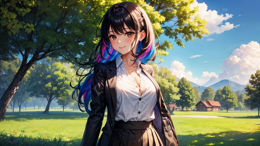 1girl, full body, solo, summer, village, trees, sun, clouds, ((colorful hair)), large breasts, ((black blazer)), button down shirt, ((white shirt)), ((short sleeved shirt)), ((unbuttoned shirt)), unbuttoning buttons, cleavage 1:3, brown eyes, skirt, smile, looking at the viewer, standing, hair ribbon, golden necklate