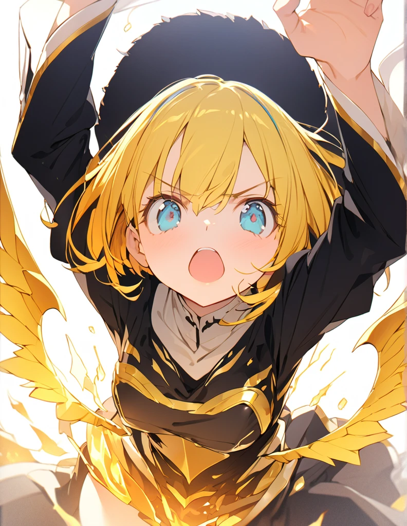 masterpiece　Golden Wings　A masterpiece of ultra-precise description of a girl fighting with golden flames (Short Bob Hair:1.4),(blue eyes)Fighting pose Golden flames rise all over　Big Breasts