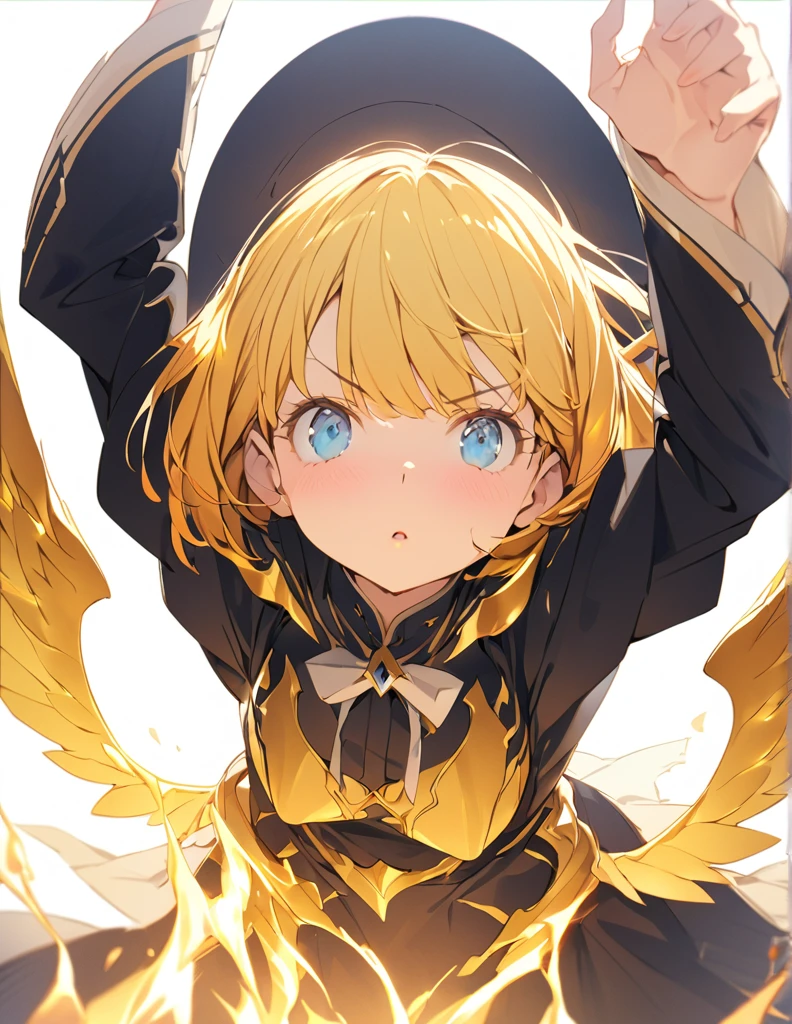 masterpiece Golden Wings A masterpiece of ultra-precise description of a girl fighting with golden flames (Short Bob Hair:1.4),(blue eyes)Fighting pose Golden flames rise all over Big Breasts