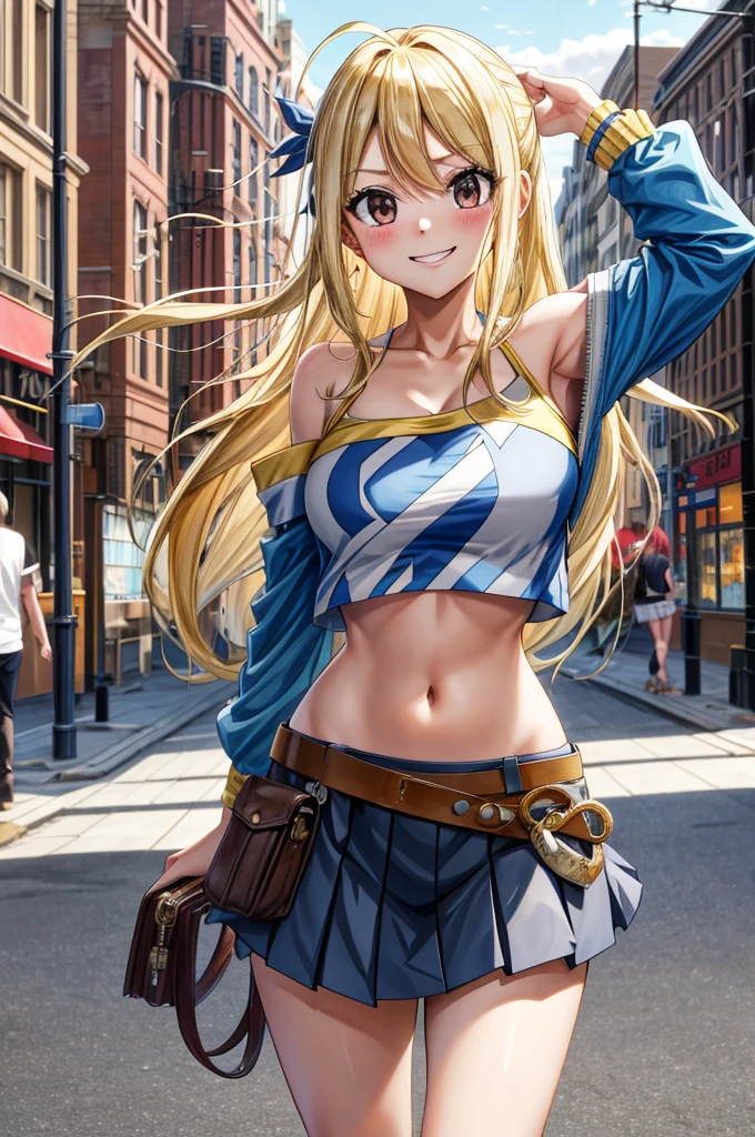 masterpiece, best quality, highres, lucy heartfilia, blonde hair, long hair, large breasts, jacket, crop top, bare shoulder, show stomach, belt, pleated skirt, cowboy shot, standing, looking at viewer, city road, outdoor, modern city road, blush, shy, smile, show teeth, stocking,
