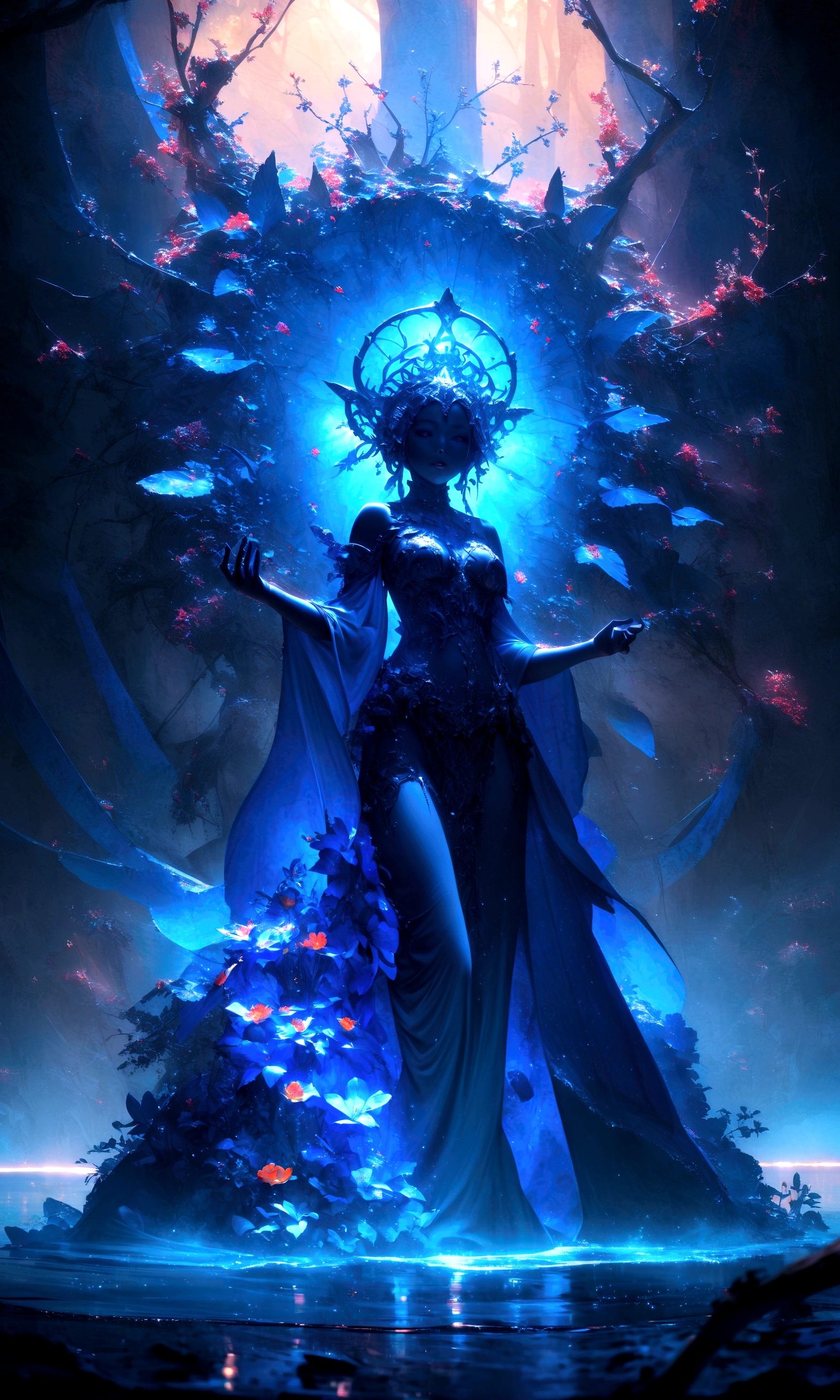 surrealist art breathtaking A stunning high quality photo of a mystical figure with a blue hue, adorned with an ornate headdress that resembles a blend of tree branches and flowers. The figure's eyes are strikingly red, and it extends its hands towards the viewer, creating an ethereal and captivating aura. The background is a deep blue, adding to the enchanting ambiance. The figure seems to be emerging from a body of water, with a silhouette of a person visible at the bottom.. award-winning, professional, highly detailed . dreamlike, mysterious, provocative, symbolic, intricate, detailed