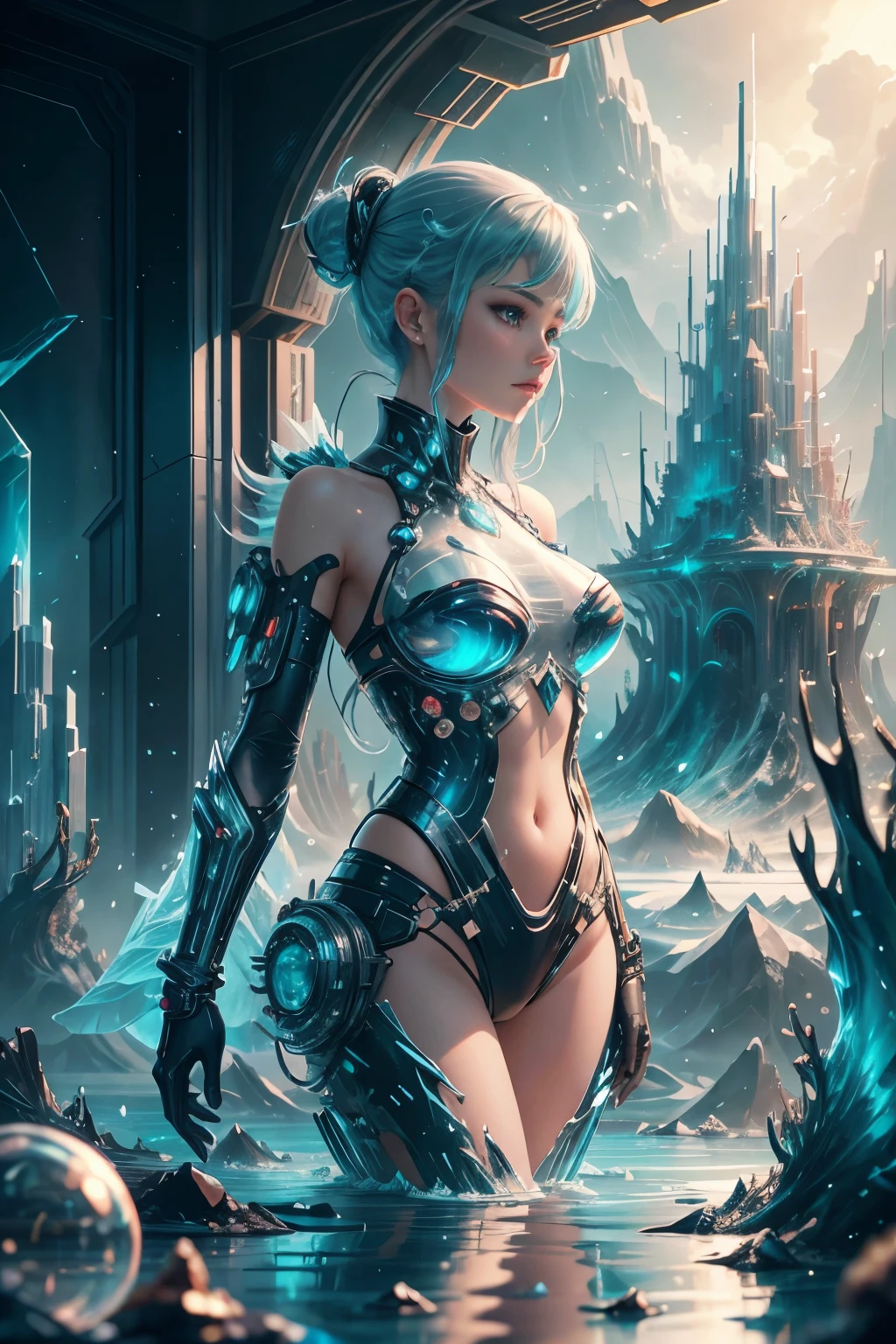 ModelShoot style, (Extremely detailed Cg Unity 8K wallpaper),Beautiful deep sea landscape,Translucent Queen of the Sea,The crown of the futuristic queen,Futuristic underwater translucent ice palace close-up,Colorful tropical fish, Beautiful coral reef in the background,Undersea Kingdom,Igloo,Ice Sculpture Palace,Ice cube room,The palace of the Ice Queen,Art germ, Broken glass, ((bubbly underwater scenery)) ,Radiant light octane rendering is highly detailed,photography of:Brandon Woelfelmist,Surreal dreams,Surrealist art fantasy style,Epic digital fantasy art style,lute,hdr,Beautiful sci-fi art, Science-fi digital art illustration, Digital cyberpunk art, science fiction digital painting, futuristic digital painting, futuristic concept art, Sci-fi deep-sea cyberpunk, Cyberpunk Atlantis in front of the landscape, science fiction digital art, Advanced digital cyberpunk art, dreamy cyberpunk girl