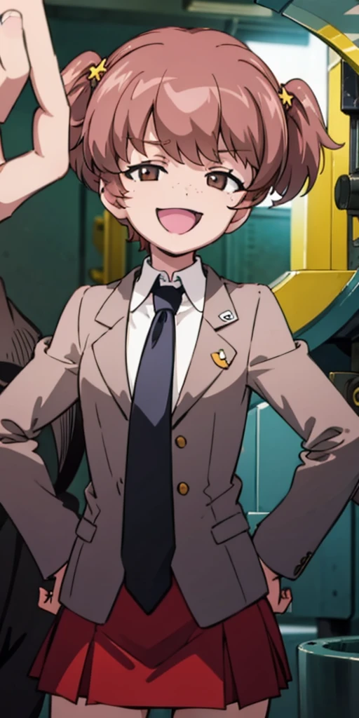 (((picture perfect))), 1girl, solo, alisa, saunders , , necktie, jacket, red skirt, looking at viewer, smile, :d, open mouth, hands on hips