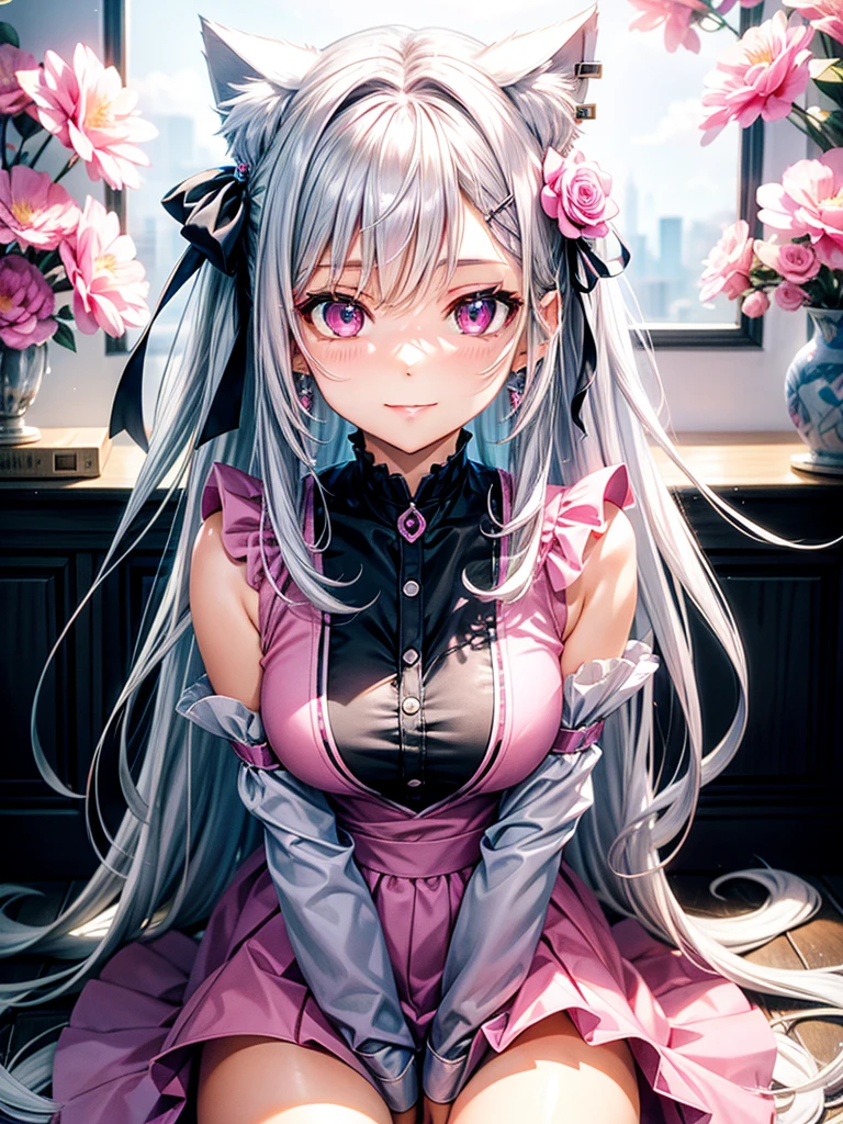 Silver hair, pink eyes, woman, sun sky background, red pink clothes, hair bows, happy face, sexy, cat ears, hearts, heart shapes, floating hearts